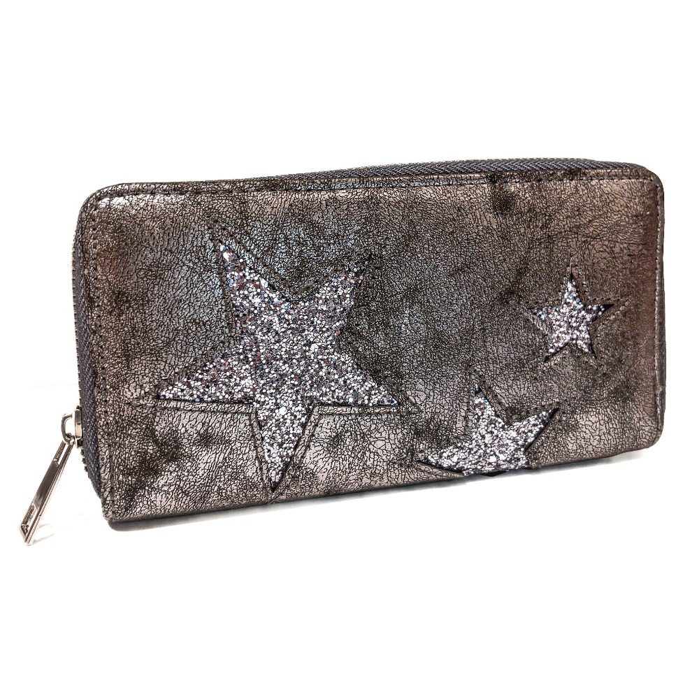 NEW - Metallic Grey Glitter Star Embellished Zip Around Wallet Clutch